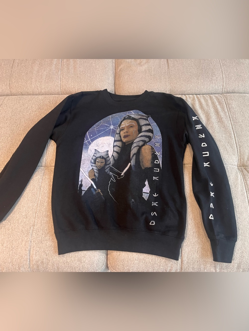 Star Wars Ahsoka Tano Sweater Adult Small Black Sweatshirt Crewneck Aurebesh